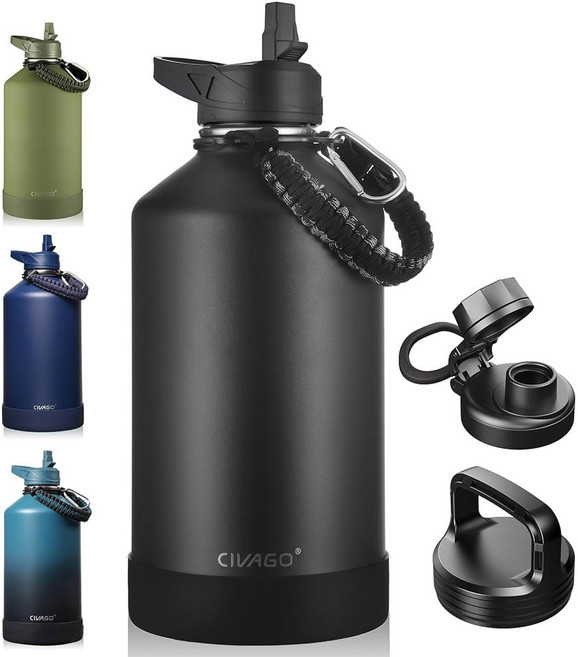 빨대가 달린 CIVAGO 32온스 단열 물병 3개의 뚜껑(빨대 주둥이 및 손잡이 뚜껑)이 있는 스테인리스 스틸 스포츠 와이드 마우스 여행용 보온 머그컵 블랙, Meadow, 32 Ounces