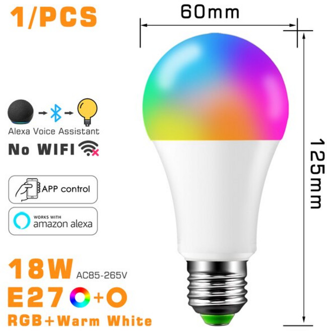 LED 스마트 무선 블루투스 전구 E27 Alexa RGB 색상 변경 조명 조정 가능 AC 85-265V 앱 제어 IOS/안드로이드 램프, 18W E27 WWRGB 1Pack, 1개