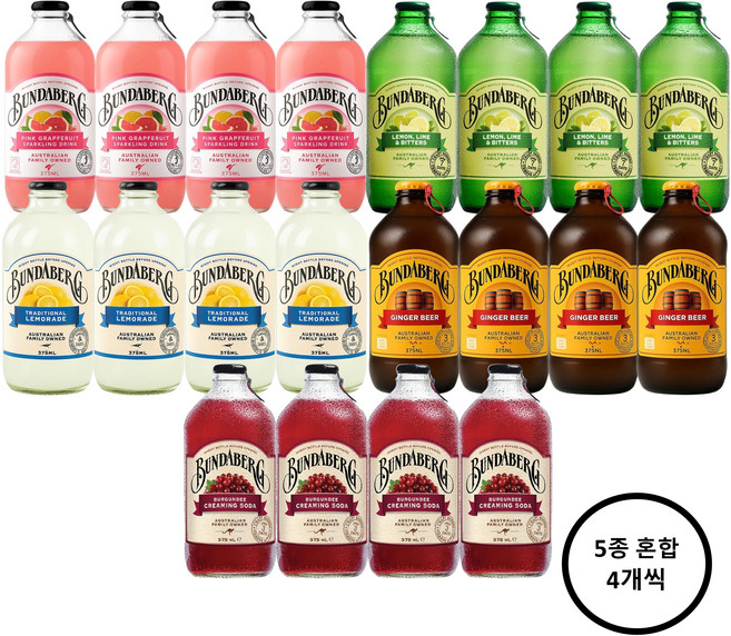 분다버그 자몽+라임+레몬+진저비어+버건디 375ml 각 4개씩 총 20병, 20개