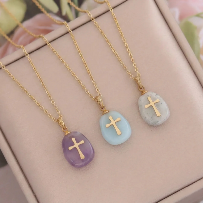 아워딜 천연석 십자가 체인 목걸이