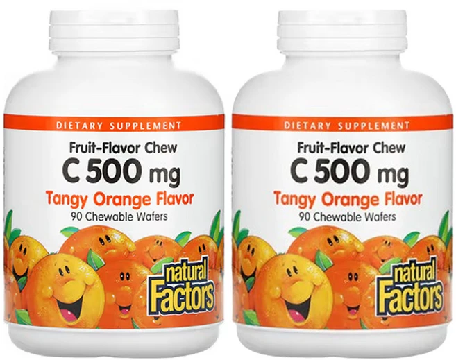 네추럴팩터스 과일 맛 츄 비타민C 탠지오렌지 500mg 츄어블 웨이퍼 90 개, 2팩, 90정 - 쿠팡