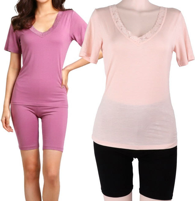 T321/T500 국산 텐셀 레이스 브이넥 반팔 런닝 5부 속바지 내의 상의 하의 상하세트