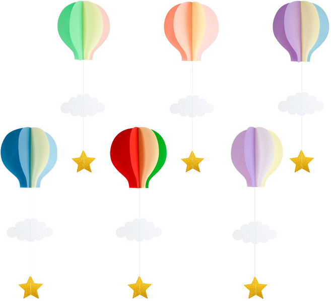 BUZOO 구름 별 모양 종이 열기구 모빌 방꾸미기 6종 세트, 혼합색상