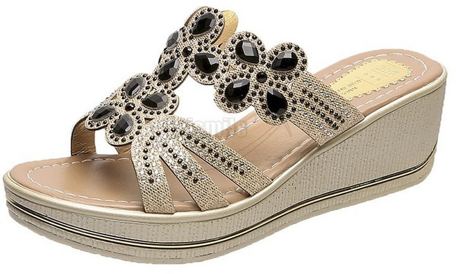 Krismile 여성 웨지힐 샌들 큐빅 글리터 통굽 슬리퍼 5cm 굽+Krismile