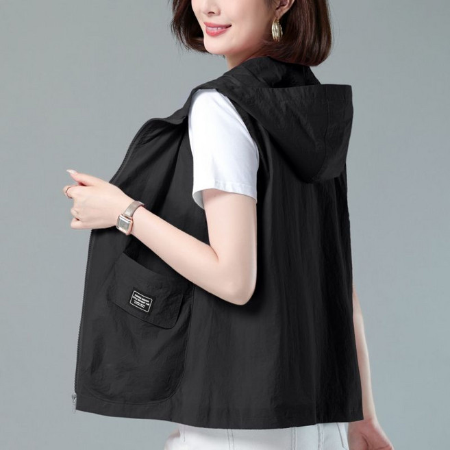 여성용 봄여름 후드 메쉬 베스트 얇은 빅 사이즈 집업 조끼 뉴타임즈