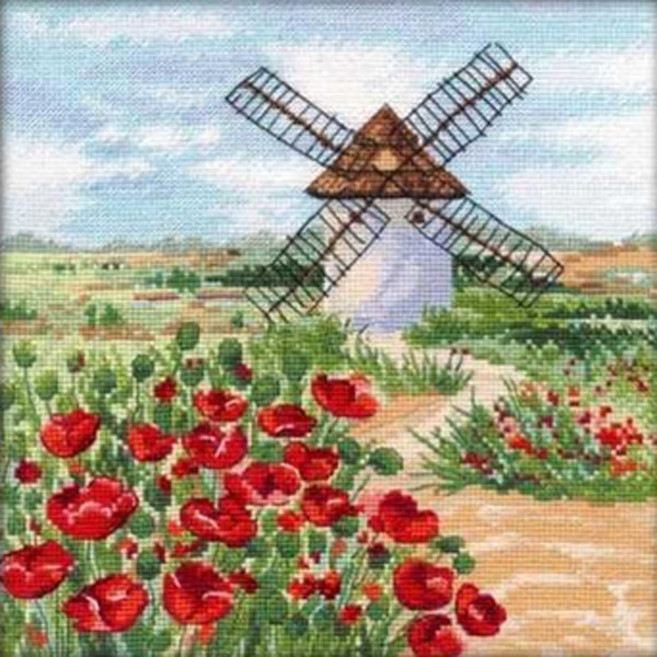양귀비필드와 풍차 십자수 패키지 (도안+원단+실+바늘), 1개