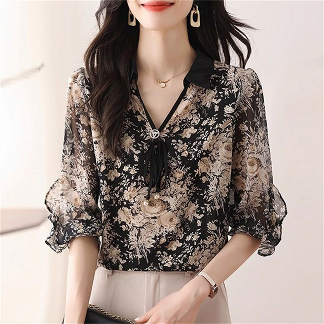 TKX 여성용 V넥 긴소매 쉬폰 블라우스 플로럴 프린트 봄 가을용 캐주얼 7부소매 KZ35