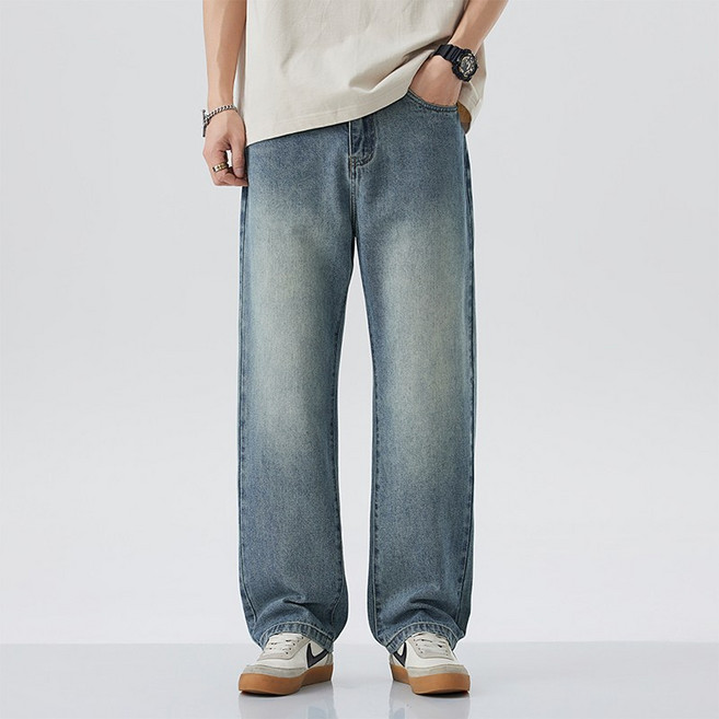 남성 와이드 스트레이트 청바지 겨울 캐주얼 데님 워싱 커브드핏 블루진