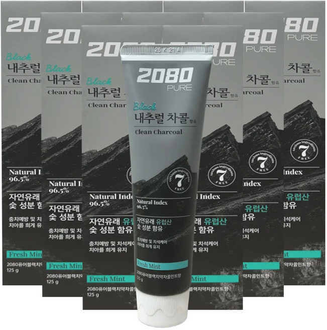 2080 퓨어 블랙 차콜민트 치약, 9개, 125g