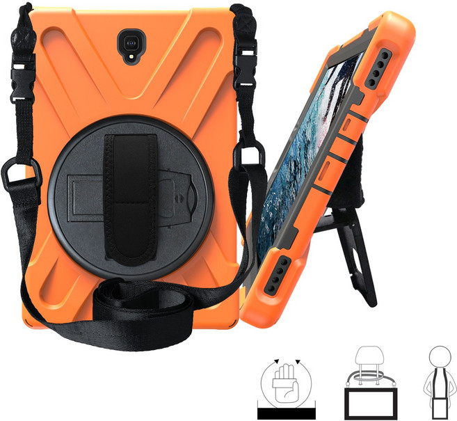삼성 갤럭시 탭 S4 10.5 케이스 완전 충격 방지 실리콘 케이스 킥스탠드/핸드 스트랩 분리형 숄더 스트랩 태블릿 T830/T835/T837, 주황색, 한개옵션2
