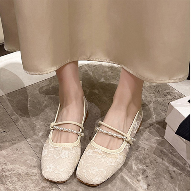 슬림소녀 여성여름레이스메쉬면빈티지 소프트 플랫슈즈 진주장식 일자 스트랩 굽 낮은 망사 로퍼