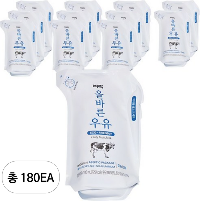비락 올바른 우유, 180개, 180ml