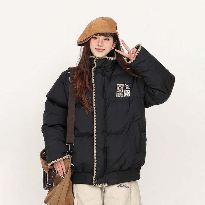 BIKASU 여성 겨울 데일리 빅사이즈 숏 패딩 오버핏 베이직 하이넥 경량 패딩 점퍼