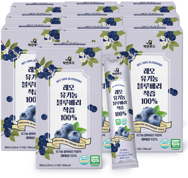 착한푸드 레오 유기농 블루베리착즙 100%. 10개, 280g