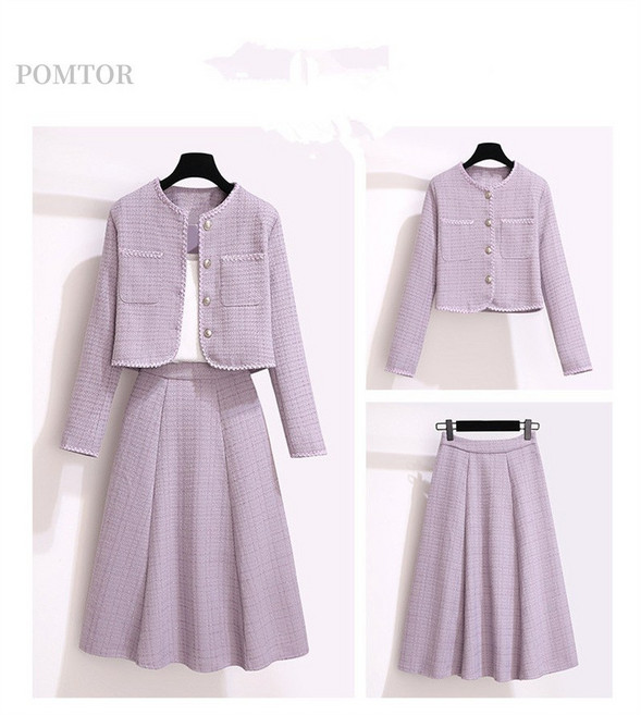 POMTOR 여성 빅사이즈 정장 치마 세트 봄가을 정장자켓+주름 스커트 상하의 세트