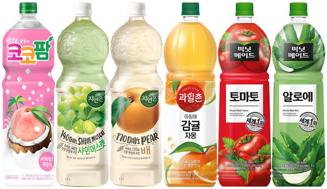 [한번에먹자쇼핑몰] 과즙음료 1.5L 6종 혼합세트 / 코코팜 + 샤인머스캣 + 배주스 + 감귤주스 + 토마토 + 알로에, 6개