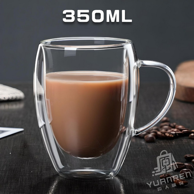 耐熱高硼矽玻璃蛋形馬克杯, 1個, 350ml雙層玻璃杯【有握把無蓋子】