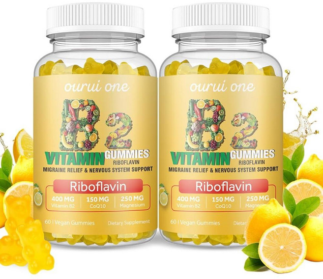 Ourui one 비타민 B2 젤리 400mg | 리보플라빈 CoQ10 150mg 마그네슘 200mg 어린이 및 성인용 400mg 신경계 피부 건강 비건 츄어블 60개 레몬, Ourui one 비타민 B2 젤리 400mg | 리보