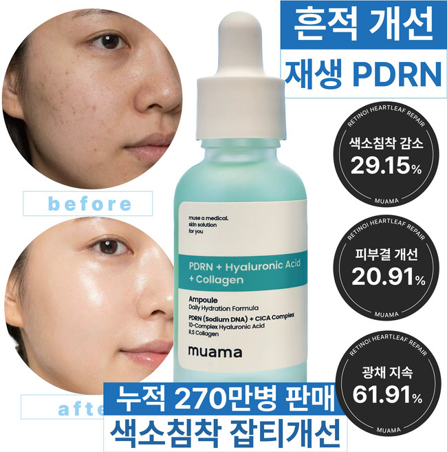 흔적 잡티 임상 트러블 흉터 수분폭탄 물광피부 재생 PDRN 히알루론산 케어 [색소침착 광채지속 피부결개선 임상 완료] 뮤아마 PDRN 히알루론산 콜라겐 앰플, 1개, 30ml
