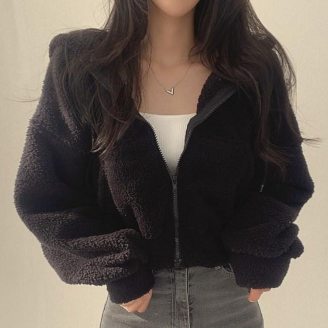 [엔젤D] 여성 큐트 크롭 후리스 후드 집업