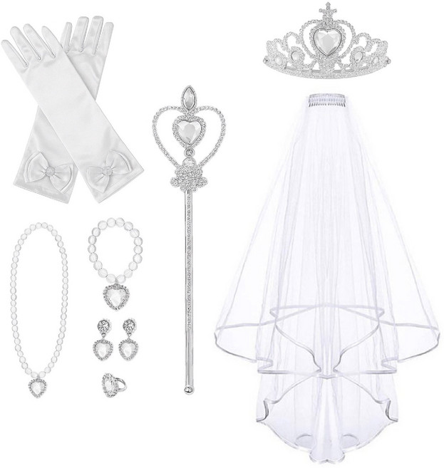[청춘교복] 공주세트 8종 브라이덜샤워 셀프웨딩 생일 축하 파티 연말 선물 소품 프린세스 코스튬 주얼리 왕관 요술봉 면사포 베일 목걸이 액세사리, 1개, 화이트