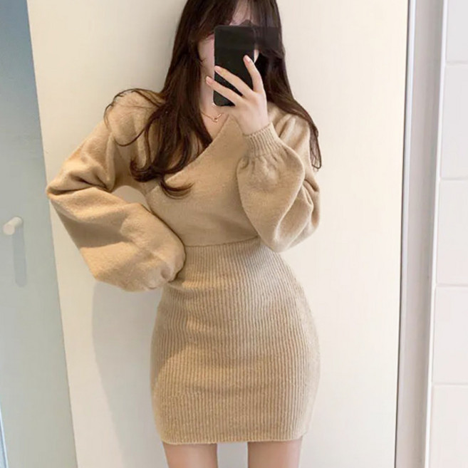 온율 랩 브이넥 니트 원피스