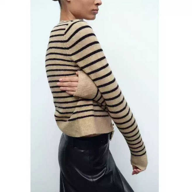 ZARA 자라 라운드넥 배색 스트라이프 니트 가디건 자켓 1509104