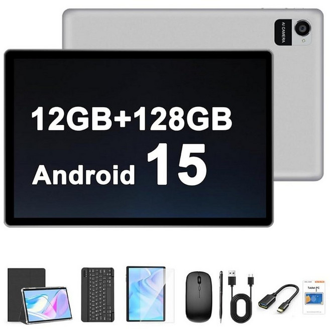 Crelander 10.1인치 안드로이드 15 태블릿 12GB+128GB 안드로이드 태블릿 8000mAh 배터리 1280x800 터치스크린 5G Wi-Fi/블루투스 케, 회색