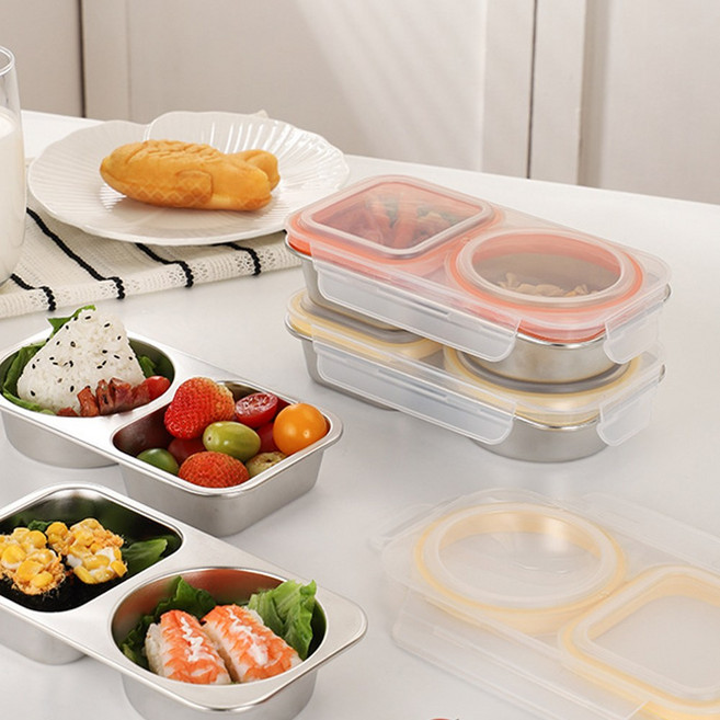 2칸 나눔반 찬통 스테인리스 밀폐 찬통 직장인 도시락통 과일 반찬통, 오렌지+옐로우, 2개