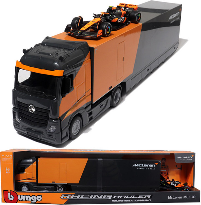 브라고 1:43 F1 수송트럭 트레일러 + 머신 세트 맥라렌 Team MCL38 4번 랜도 노리스 자동차장난감, 1개, 오렌지