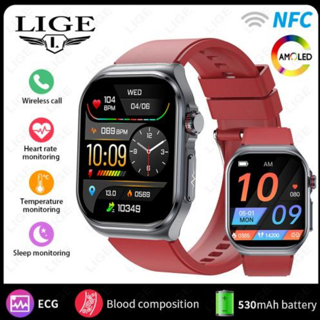 혈당워치 한국어 호환 LIGE 건강 혈당 Smartwatch ECG + PPG AI 진단 혈액 지질 요산 스마트 시계 남성 방수 여성, 1)Red silicone