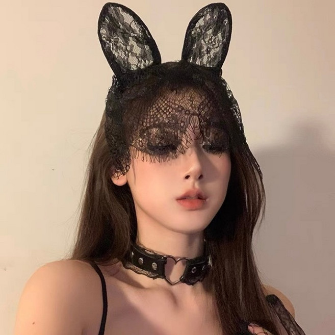 블랙 레이스 버니 코스튬 세트 헤드피스+망사장갑 할로윈 파티룩