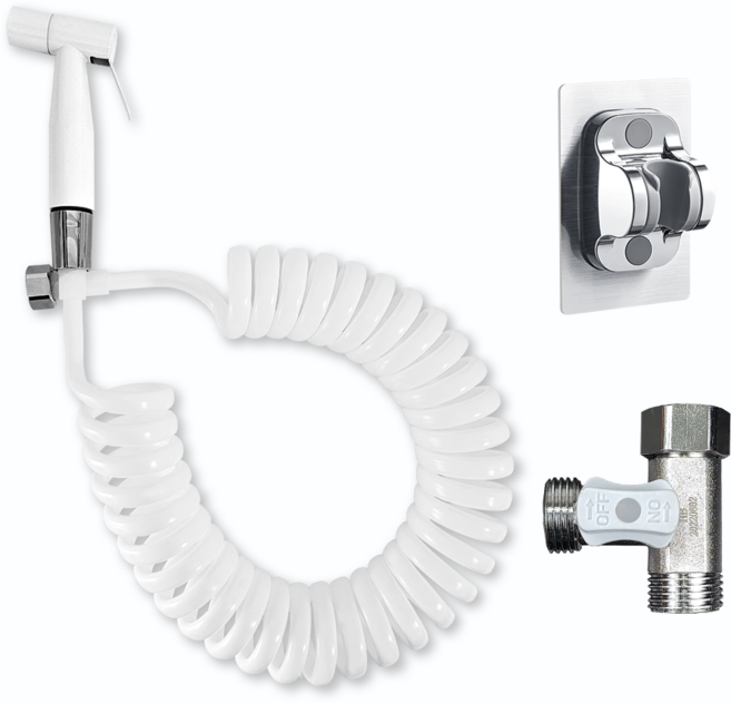욕실 스프레이건 세트 EVA 황동스프링호스 + 접착식 거치대 + 황동 T 밸브, 화이트, 5m