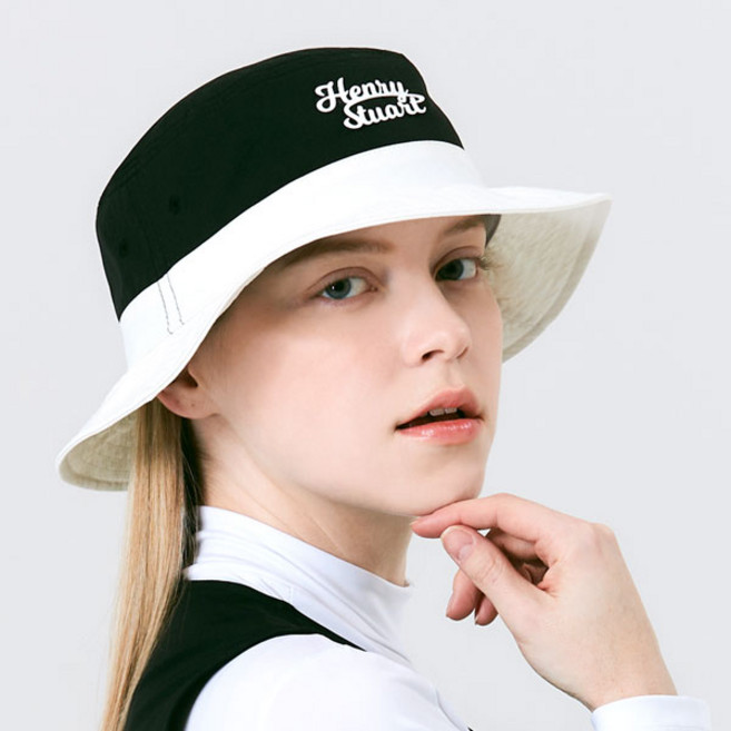 [헨리스튜어트] 자외선 차단 컬러블럭 버킷햇 골프모자, 화이트, 1개