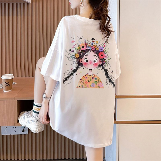 besteffie 여성 여름 캐주얼 반팔 티셔츠 귀여운 만화 프린트 오버사이즈 라운드넥 티 K18