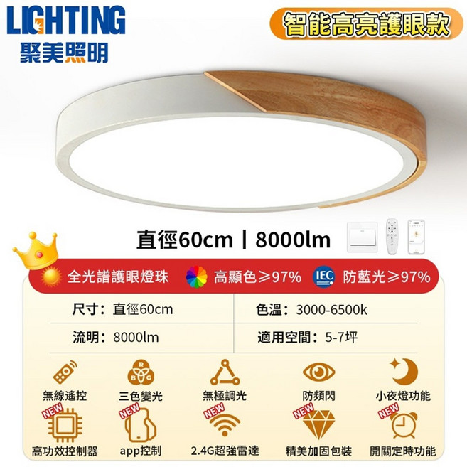 聚美照明 智能高亮度護眼吸頂燈 直徑60cm 8000lm, 白色