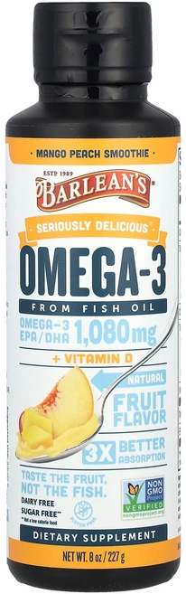 Barlean's Seriously Delicious 피쉬 오일 추출 오메가3 망고 피치 스무디 1080mg 227g (8oz), Barleans 발린스 오메가3 피쉬오일 망고 피치 스, 226g, 1개 - 쿠팡
