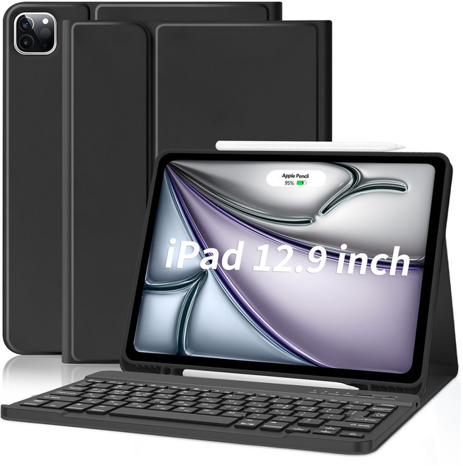 아이패드 키보드 케이스 무선탈부착 키보드 연필수납 한글각인 자동휴면/깨우기 기능 12.9인치, 블랙, 1개