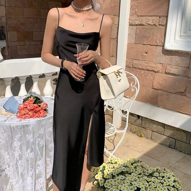 쪼예 셀프 웨딩 브라이덜 스냅 새틴 실크 옆트임 끈 나시 롱 원피스