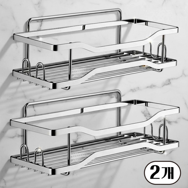 루디아셀 프리미엄 무타공 스텐 욕실 선반 일자형 고강도 스테인레스, 2개입