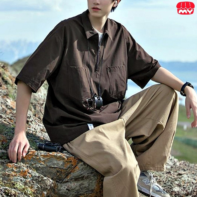 남자 오버핏 셔츠 편한 반팔 아노락 하프집업 카라 지퍼 티셔츠