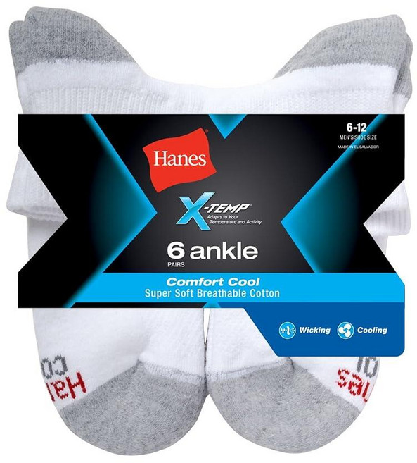 Hanes Freshiq X-temp 남성용 컴포트 쿨 앵클 양말 6팩 블랙., 원사이즈, 화이트