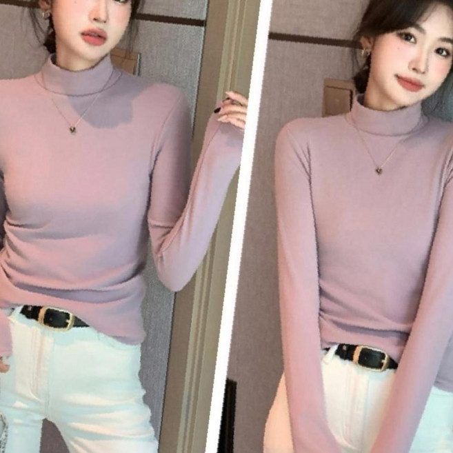 여성 이너 솔리드 반폴라 긴팔티 면 목 폴라 티 OC_0206TC