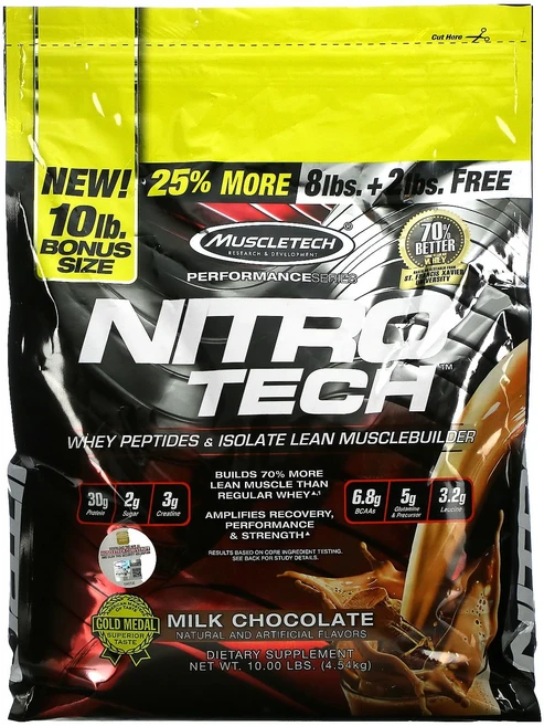 머슬테크 Nitro Tech 유청 펩타이드 앤드 분리 머슬빌더 밀크 초콜릿 4.54kg(10lbs), 10 lb, 1개 - 쿠팡