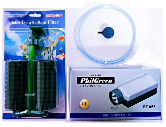 Tetra 쌍기 스펀지여과기 60L (독일회사) + 필그린 저소음 기포발생기 2구 BT-A65 + 콩돌 + 호스2m 기본세트, 4W, 1개