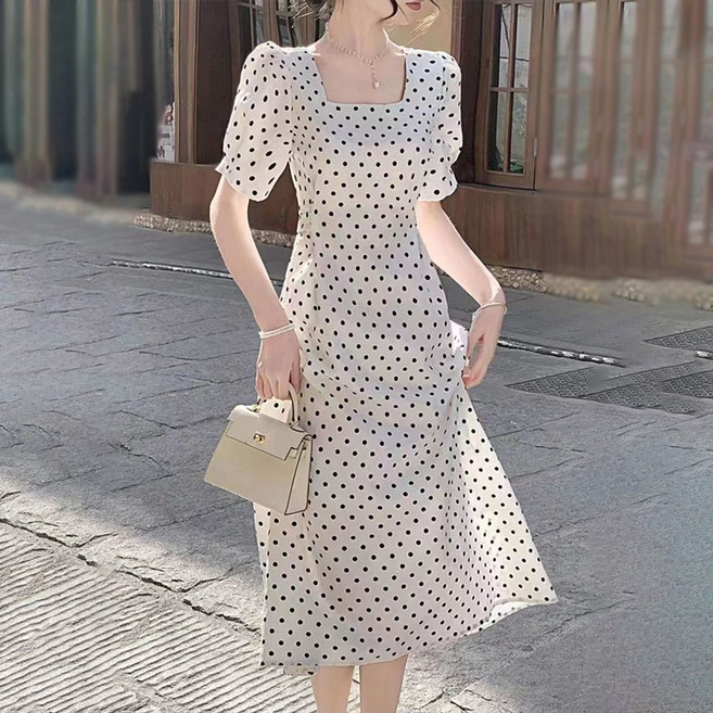 TKX 여성 스퀘어넥 퍼프소매 도트 롱 원피스 우아한 하이웨이스트 여름 데일리 데이트룩
