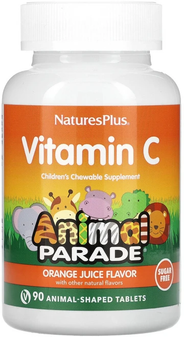 NaturesPlus Animal Parade 어린이용 츄어블 비타민C 보충제 오렌지 주스 맛 설탕 무함유 동물 모양 90정, 1개, 1.5L - 쿠팡