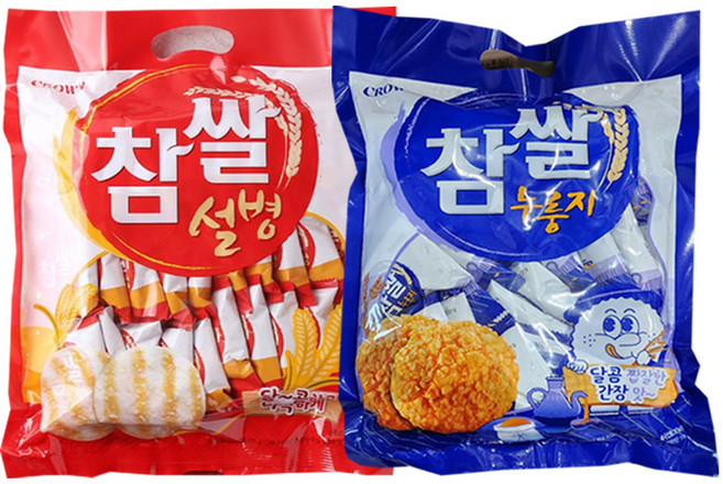 크라운 쌀과자 참쌀누룽지 216g + 참쌀설병 270g 사무실 학교 간식 과자 스낵, 1세트