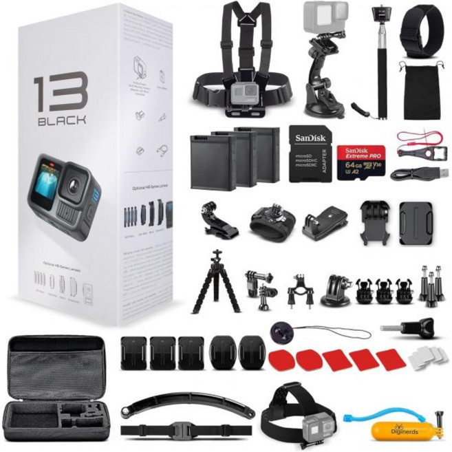 GoPro HERO13 히어로 13 블랙 - 50피스 액세서리 키트와 2개의 추가 배터리 64GB 카드 포함 방수 액션 카메라 5.3K HDR 27MP 사진 11.9인치 센서