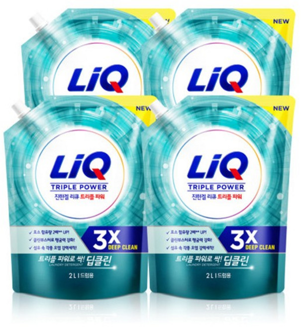 리큐 진한겔 딥클린 트리플파워 드럼용 액상세제 리필, 2L, 4개